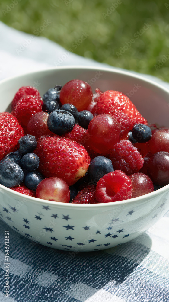 Bowl of fresh berries on star patterned napkin outdoors Bowl of fresh berries on star patterned napkin outdoors