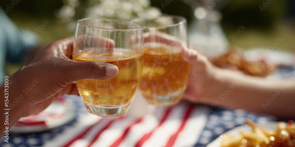 Obraz premium Two people clinking glasses over picnic table with patriotic tablecloth