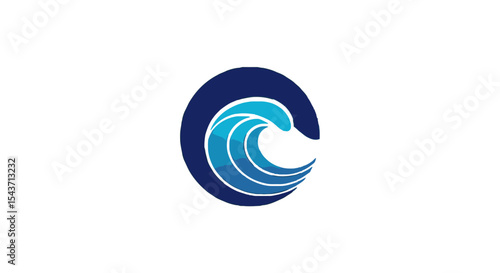 Stylized wave cresting inside a dark blue circle, minimalist design.