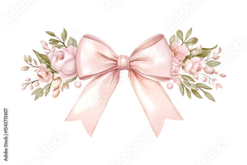 Watercolor floral bouquet with pink bow on transparent background vector png