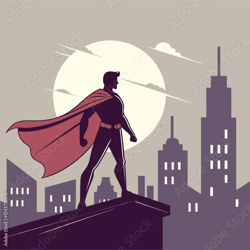 Superhero silhouette standing on a rooftop overlooking a city with a cape and moon in the background