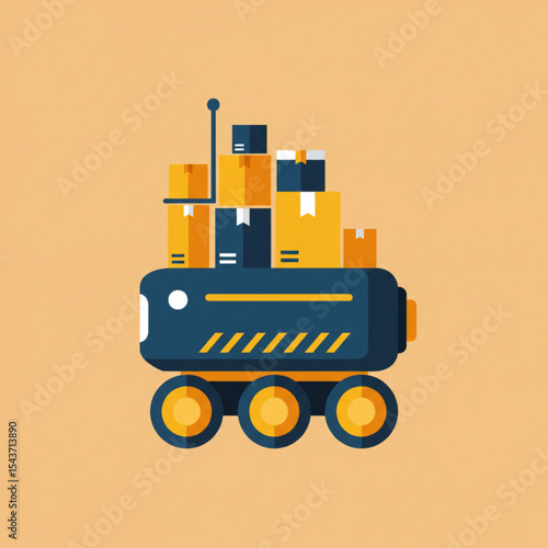 Cartoon delivery robot with boxes on orange background  
