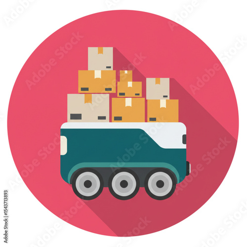 Flat icon of delivery robot with stacked boxes on a pink background  