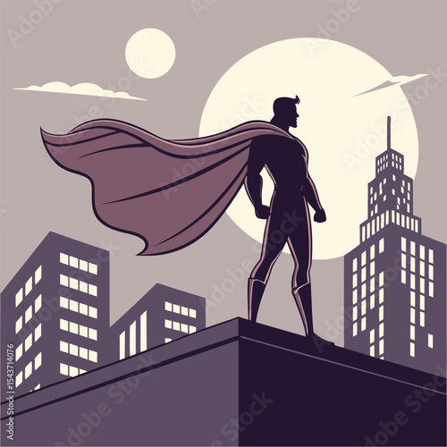 Superhero silhouette standing on a building rooftop with cape flowing in the wind against city backdrop