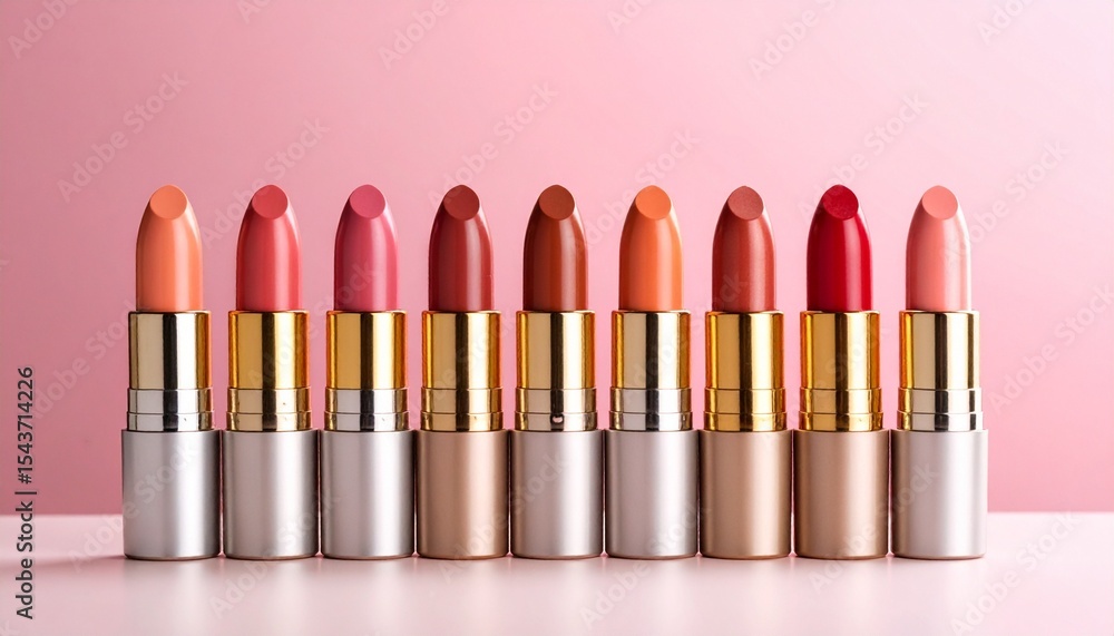 lipsticks in assorted shades displayed in a row on a pink background lipsticks in assorted shades displayed in a row on a pink background