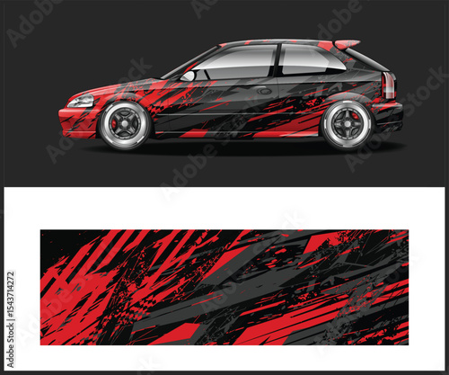 Red and Black Racing Car Wrap Design on a Hatchback Vehicle