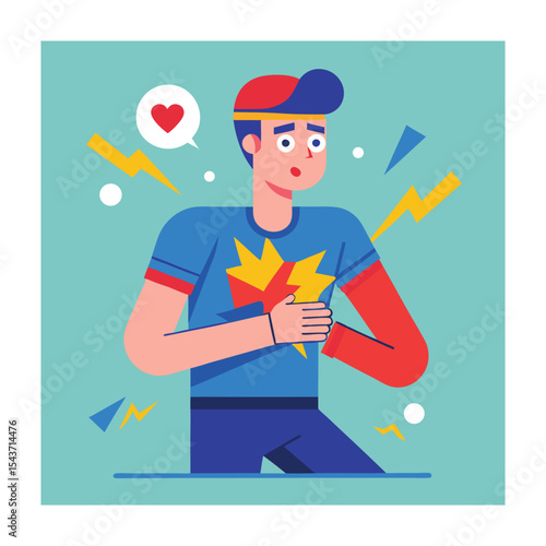 Man Experiencing Chest Pain or Heartbreak, Cartoon Style, Minimalist Design