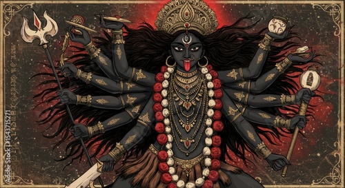 Digital illustration of Hindu goddess Kali with multiple arms and weapons