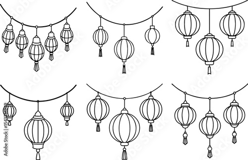 Set of Chinese lantern outline vector illustration, line art