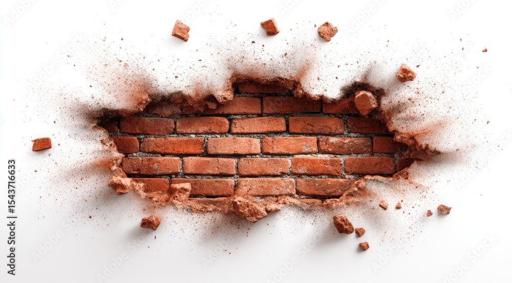 Fototapeta premium A hole punched through a brick wall, debris scattered