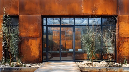 Patina facade with structural glazing and artistic landscaping, contemporary design
