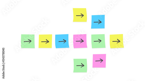 Multiple colorful sticky notes with individual right-pointing arrows are arranged to form one large arrow pointing to the right on a white background