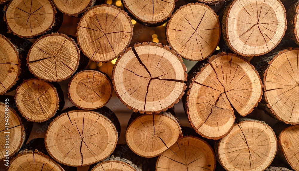 A close-up view of various sized log ends showing wood grain and cracks A close-up view of various sized log ends showing wood grain and cracks