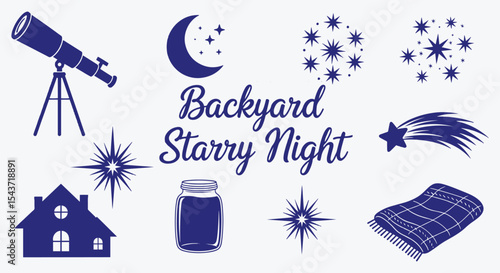 Backyard Starry Night icon set. Telescope, crescent moon, twinkling constellations, shooting star, house silhouette, mason jar lantern and picnic blanket in navy silhouettes