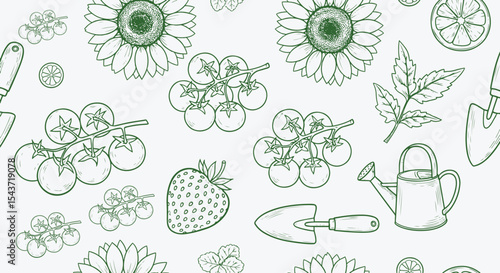 Garden harvest seamless pattern. Cluster tomatoes, strawberry, sunflower, citrus slice, watering can, trowel and herb leaves repeat in fresh green line on white