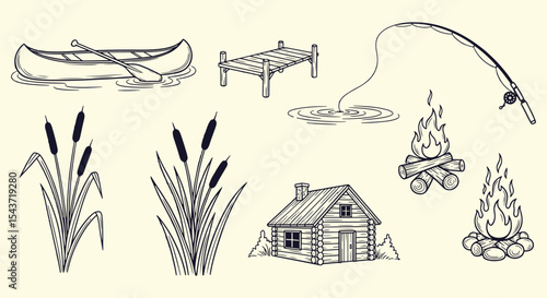 Lakeside camping doodle bundle. Canoe, wooden dock, fishing rod, leaping fish rings, cattails, log cabin and twin campfires in rustic navy sketch style. Cozy wilderness art