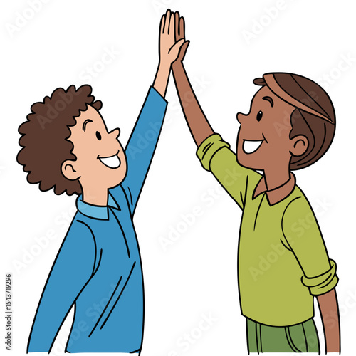 A vector illustration of two friends raising their hands in celebration, symbolizing friendship, joy, and shared victories