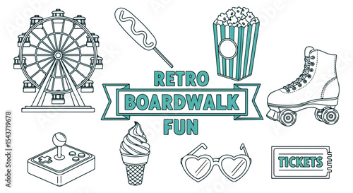 Retro boardwalk fun icon set. Ferris wheel, corn dog, popcorn, roller skate, joystick, soft-serve cone, heart sunglasses and ticket banner in teal outline. Vintage seaside amusement clipart
