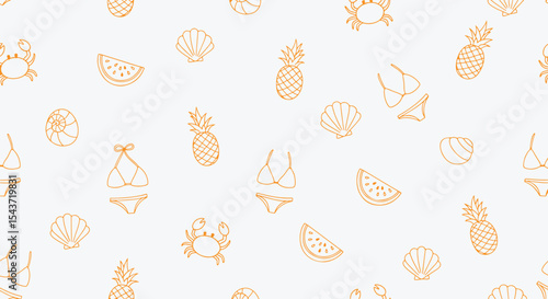 Tropical bikini fruit seamless pattern. Pineapple, watermelon wedge, crab, seashell, beach ball and swimsuit icons scatter in soft orange line. Fun summer fabric or wrapping design