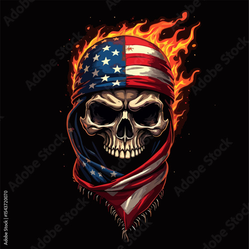 Biker vector t-shirt design with fire human skull
with usa flag bandana, flame on black
background.
Fashionable print for fabric, paper, men clothing,
hoodie, jacket. T shirt template.