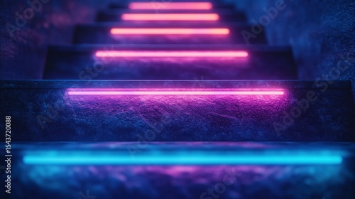 Neon-lit stone steps ascend into darkness