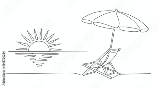 Beach sunset scene with lounger and umbrella