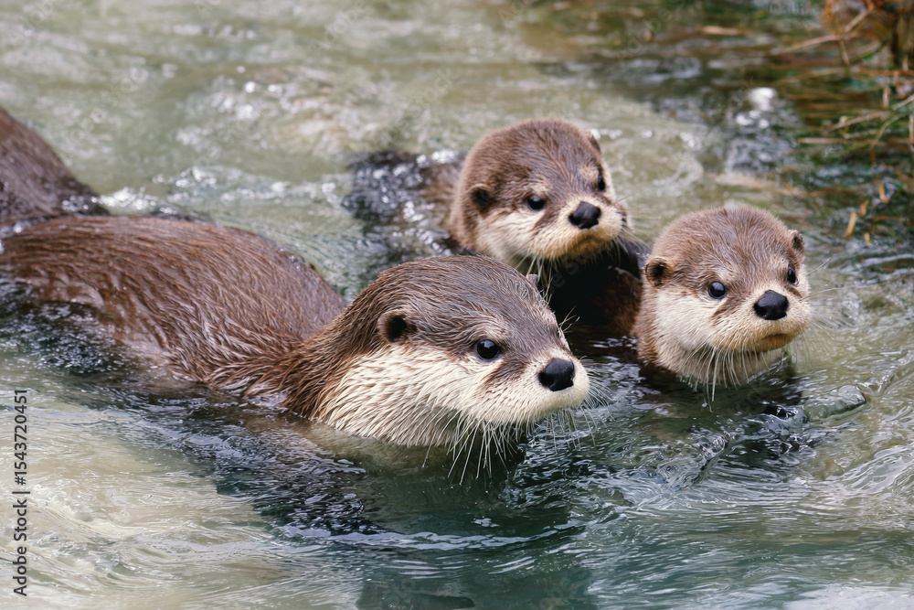 Mother otter with cubs swim in the water along the shore. Cubs stay close to their mother. Family of otters.Wildlife. Selective focus. AI generated Mother otter with cubs swim in the water along the shore. Cubs stay close to their mother. Family of otters.Wildlife. Selective focus. AI generated