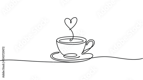 Single line drawing of coffee cup with heart steam