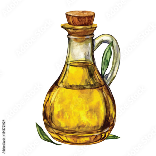 Watercolor illustration of olive oil glass bottle with green leaves on transparent background