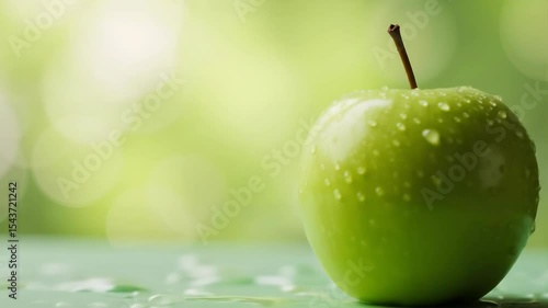 Fresh Apple: A ripe, water droplet-adorned green apple sits on a blurry bokeh background, symbolizing health and the abundance of nature.