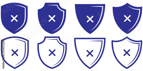 Collection of shield icons with crosses on a white background. Rejected shield with cross icon. 