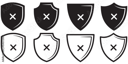 Collection of shield icons with crosses on a white background. Rejected shield with cross icon. 