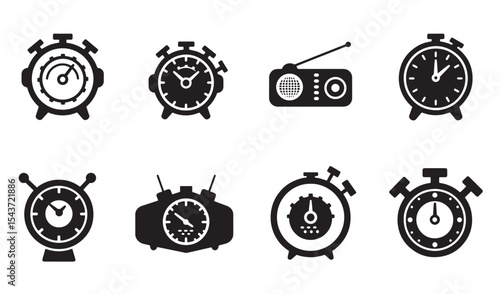 Black and white clocks and radio illustrations showing different time measuring devices in various styles