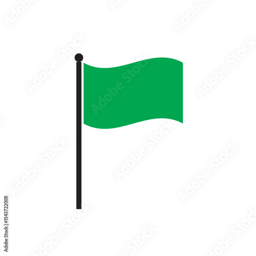 Tall triangular green flag icon with black pole on white background, EPS10