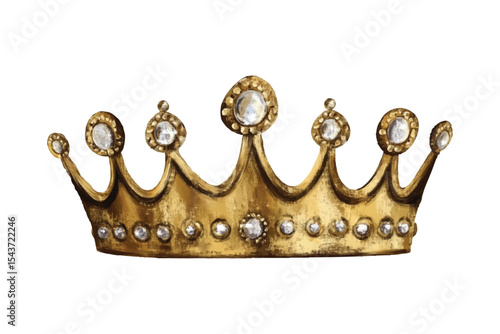 Watercolor golden crown decorated with jewels isolated on transparent background vector illustration