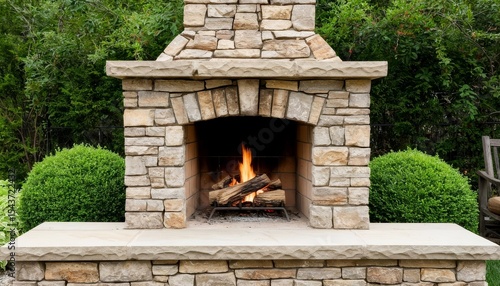 Outdoor stone fireplace with a roaring fire. Surrounded by neatly trimmed green bushes. Ideal for cozy gatherings and outdoor living spaces.