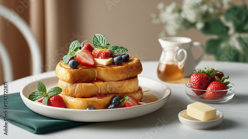 Elegant Stacked French Toast with Fresh Fruit and Mint Garnish,ideal for upscale dining promotions, food editorials,culinary magazines, and recipe showcases.