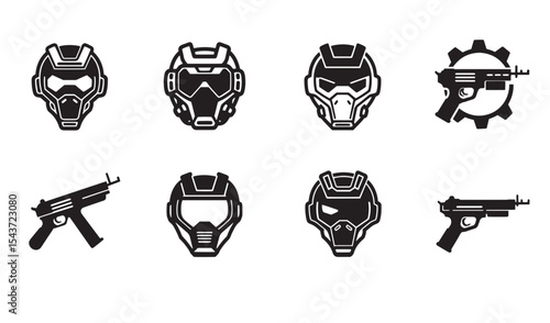 Black and white vector illustrations of futuristic helmets and weaponry icons in a set