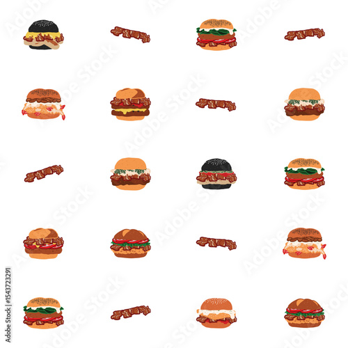 Seamless fast food pattern of burger series, cute mixed burgers with bacon in minimal graphic illustration style, vivid colors on a transparent background.