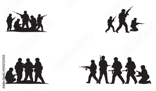 Black silhouette soldiers in various poses representing military concepts and combat scenarios