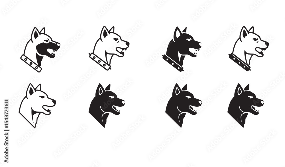 Naklejka premium Collection of aggressive dog head silhouette illustrations showing different design variations in black and white