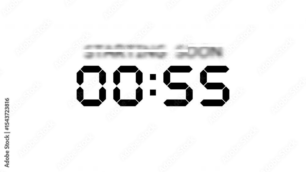 Starting soon Digital countdown clock timer in 1 minute to zero second show on white background black text number and glitch effect, 4K footage motion video