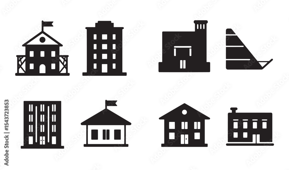 Fototapeta premium Collection of black and white building icons representing architecture and various structures