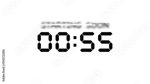 Starting soon Digital countdown clock timer in 1 minute to zero second show on white background black text number and glitch effect, 4K footage motion video