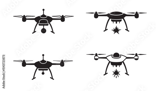 Collection of black and white drone illustrations showcasing modern technology and innovation