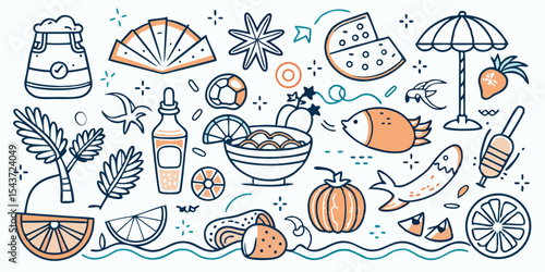 Orange Peach Summer Doodle Collection Beach Food Drink