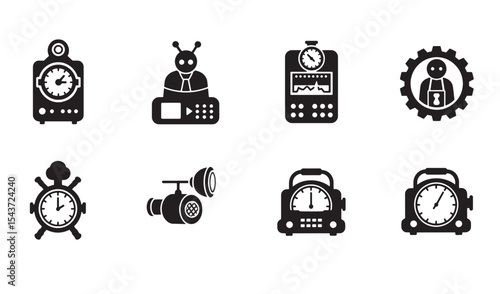 Collection of black and white time related icons displaying various clock styles and concepts