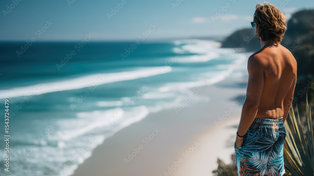 Obraz premium Man in Tropical Print Swim Trunks Gazing at Serene Coastal View with Gentle Waves and Clear Sky
