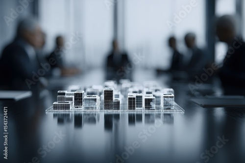 Models of urban development presented in a modern conference room with professionals engaged in discussion