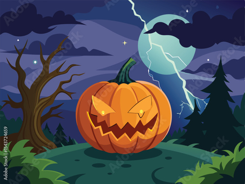 A vibrant cartoon illustration of a Jack-o'-lantern pumpkin positioned on a grassy hill, bathed in the eerie glow of moonlight and lightning.